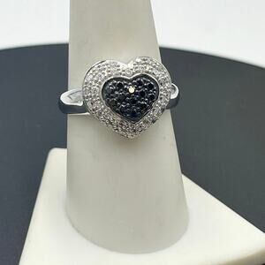 Sterling Silver 925 Black‎ & White CZ 15mm Pave Chunky Heart Ring Size 8.75